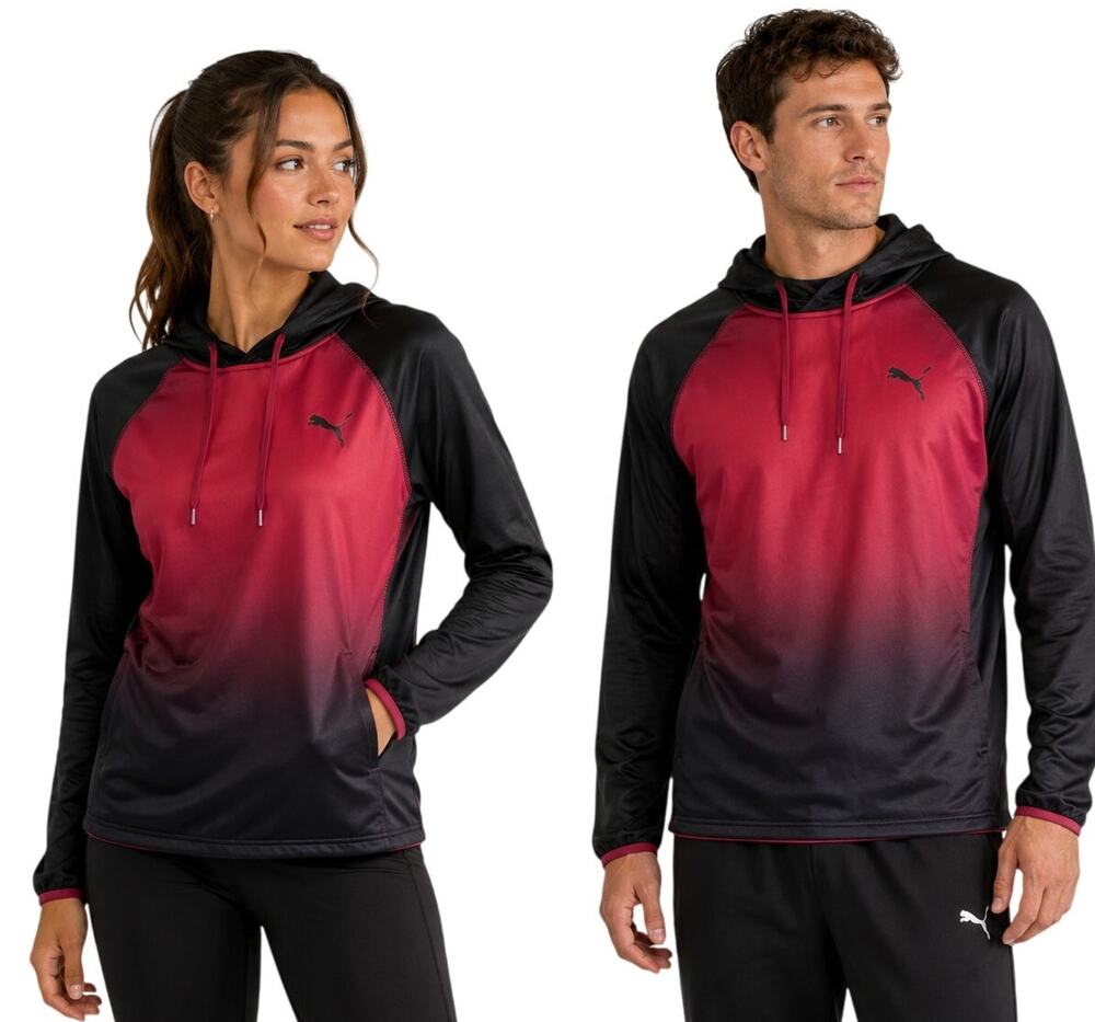 PUMA Training Hooded Athletic Pullover Size M Black Maroon Ombre